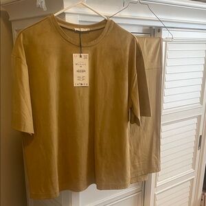 Zara short gold top wide leg pants outfit nwt sz medium